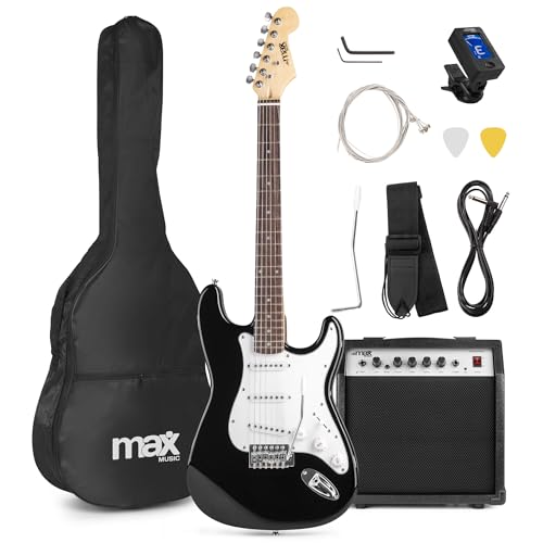 MAX Pack Guitare Électrique GigKit avec Amplificateur 40 Watts - Noir, Livré avec de Nombreux Accessoires, une Housse, des Médiators et un Accordeur Numérique, Idéal pour les Débutants