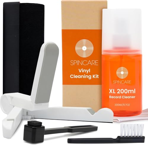 Kit Nettoyage Vinyle par SPINCARE | 5-en-1 Nettoyante pour LP Disques Vinyle, Antistatique Tampon Nettoyant en Velours, Support De Séchage/Présentoir Et Brosse pour Pointe De Lecture